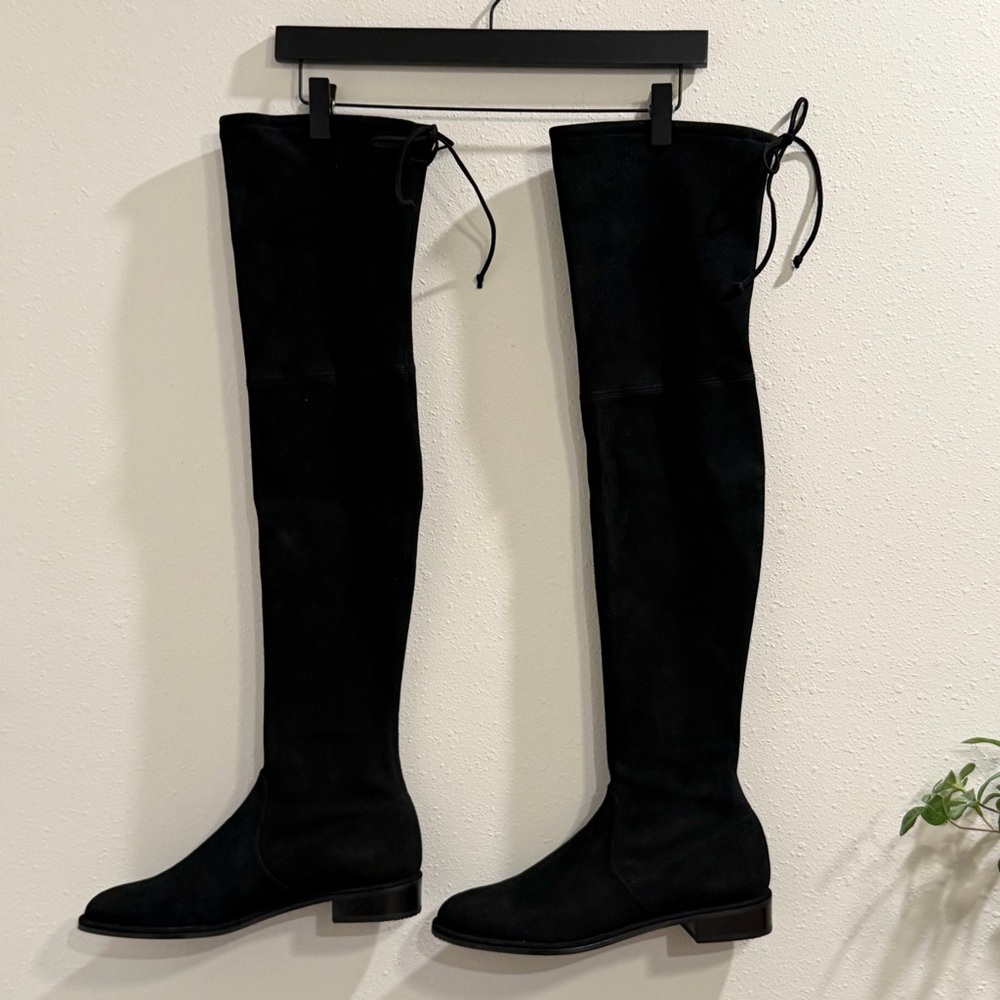 Stuart Weitzman NWOB 9.5 Black Lowland Suede Over The Knee Boots Leather Pull On - Picture 2 of 9